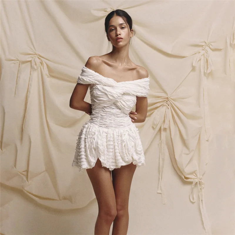 Sexy Off-shoulder Sleeveless Pleated A-line Mini Dress For Women Patchwork Slim Fit Summer Robe High Waist Party Dress