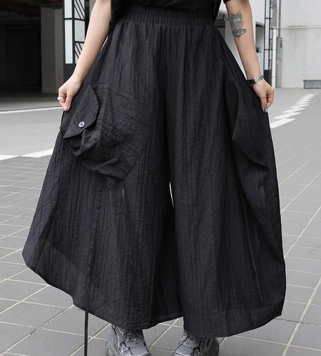 High Elastic Waist Black Pocket Brief Pleated Long Wide Leg Pants New Trousers Women Fashion Tide Spring Autumn 2025