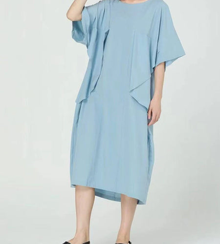 Women Blue Pleated Irregular Big Size Midi Dress New Round Neck Short Sleeve Fashion Tide Spring Summer 2025 1DJ1230