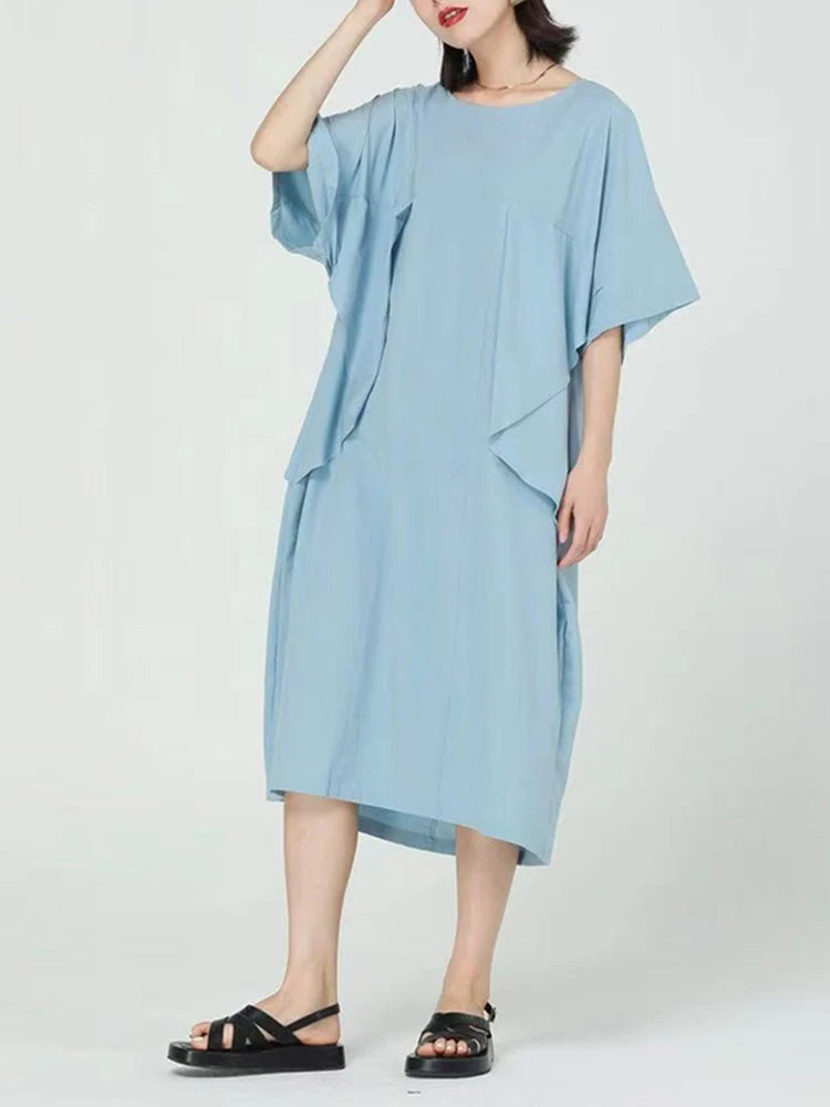 Women Blue Pleated Irregular Big Size Midi Dress New Round Neck Short Sleeve Fashion Tide Spring Summer 2025 1DJ1230