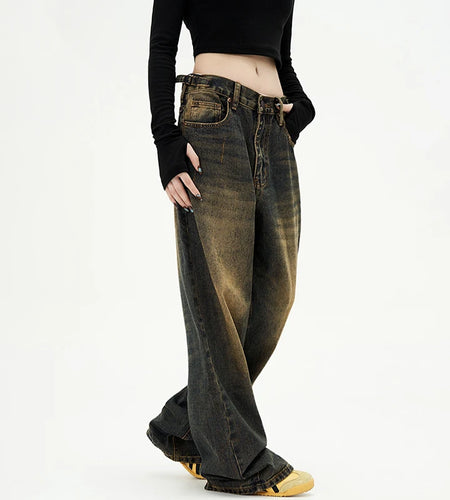 American Style Men's Jeans Washing Contrast Color Worn-out Trousers Straight Wide Leg Male Denim Pants New Summer 9C8884