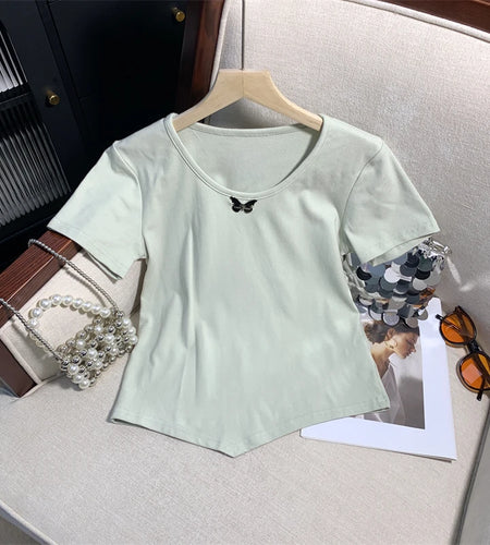 Summer Women Round-neck Short-sleeve Irregular Bow T-shirt Korean Version Solid Slim Festival Cotton Tops Simplicity Popular New