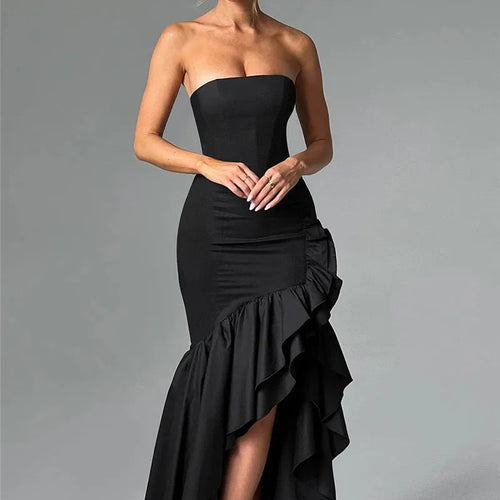 Load image into Gallery viewer, Strapless High Split Ruffle Long Dress For Women Fashion Off-shoulder Backless Sleeveless Bodycon Club Party Sexy Dress
