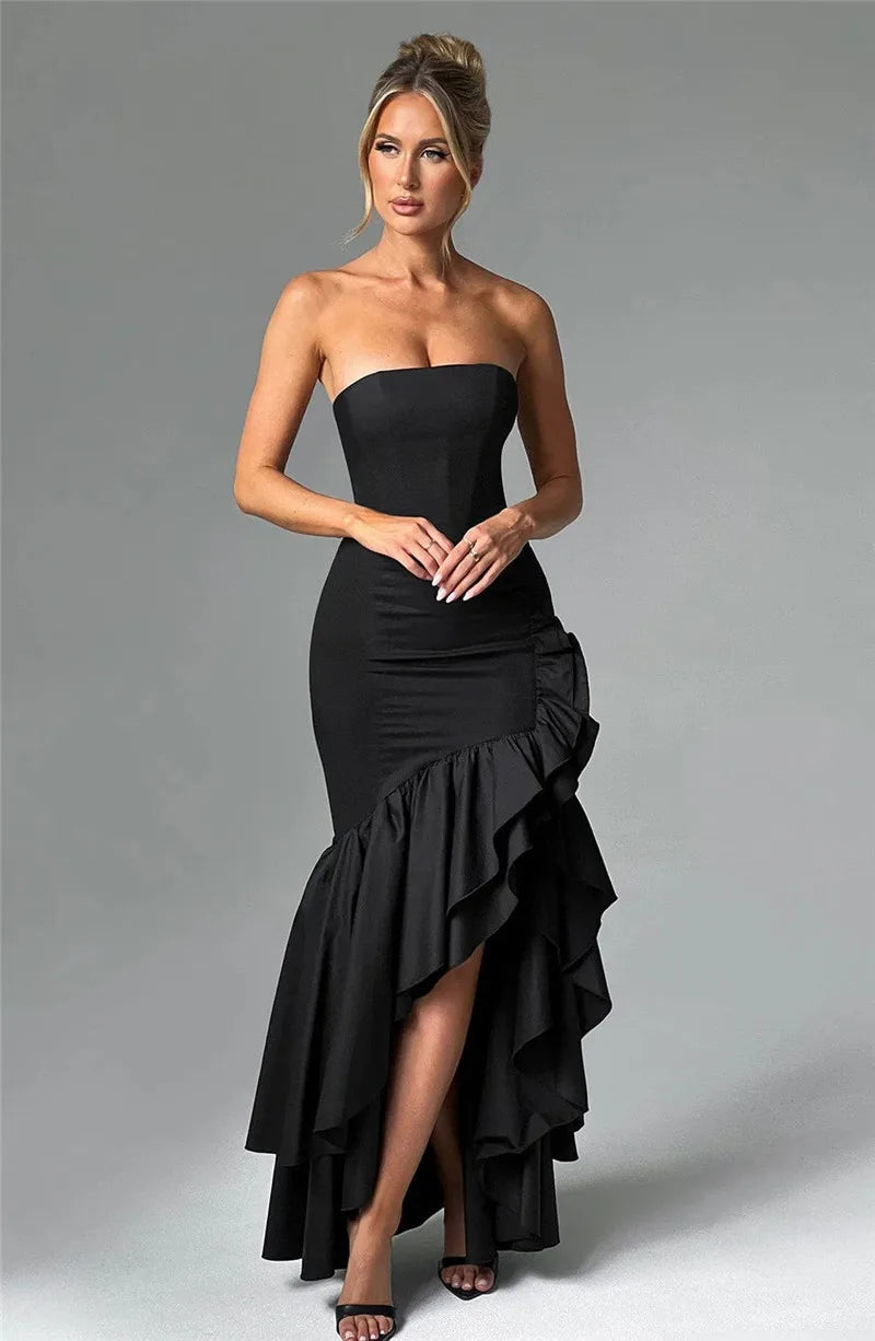 Strapless High Split Ruffle Long Dress For Women Fashion Off-shoulder Backless Sleeveless Bodycon Club Party Sexy Dress
