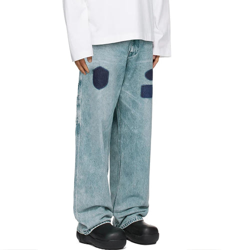 Men's Jeans  American Distressed Washed Denim Pants Color Block Design Street Style Multi Pocket Trousers 9W1464