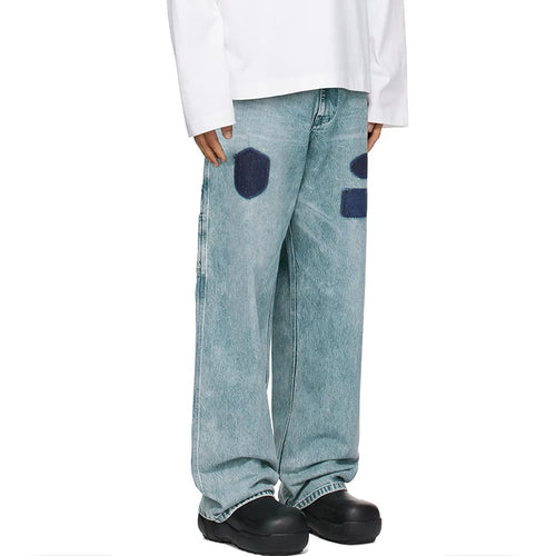 Load image into Gallery viewer, Men's Jeans  American Distressed Washed Denim Pants Color Block Design Street Style Multi Pocket Trousers 9W1464
