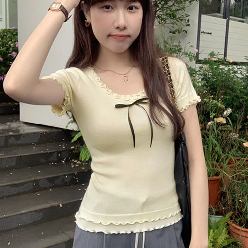 Load image into Gallery viewer, Y2k Aesthetic Summer Apricot Sweet Bow Tees 2025 Vintage Knitted Ruffled Fairy Tshirts Women Harajuku Grunge Slim Fit Thin Tops
