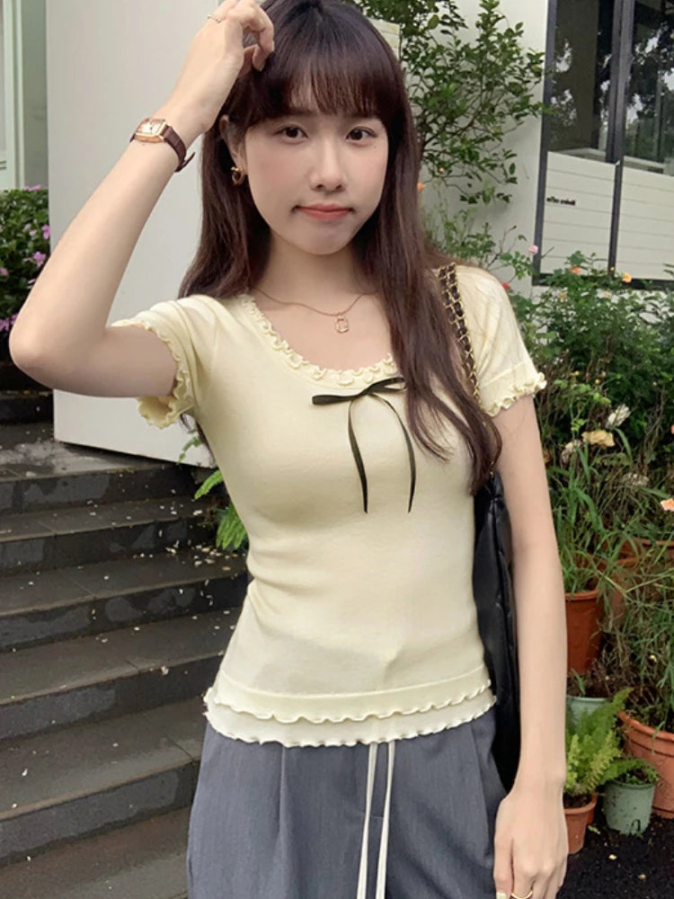 Y2k Aesthetic Summer Apricot Sweet Bow Tees 2025 Vintage Knitted Ruffled Fairy Tshirts Women Harajuku Grunge Slim Fit Thin Tops
