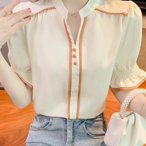 Load image into Gallery viewer, Spell Color French Style Women Blouse Princess Sleeve Summer Elegant Fashion Female Blouses Casual Simple Chic Workwear
