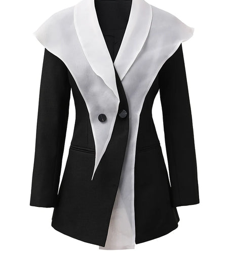 Women White Black Color-block Chiffon Elegant Blazer New Lapel Long Sleeve Jacket Fashion Tide Spring Autumn 2025 CPDB137