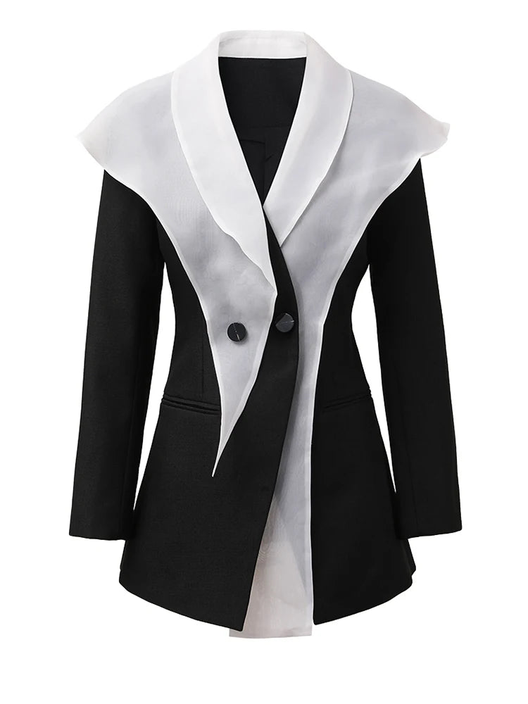 Women White Black Color-block Chiffon Elegant Blazer New Lapel Long Sleeve Jacket Fashion Tide Spring Autumn 2025 CPDB137