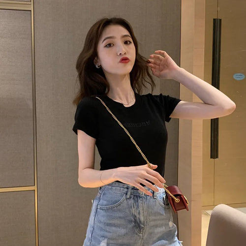 Load image into Gallery viewer, Women Short Sleeve Top Pure Ladies T-shirt Brand Letter Summer Embroidered Clothing Slim Cotton Pure Color Fashion Round Neck

