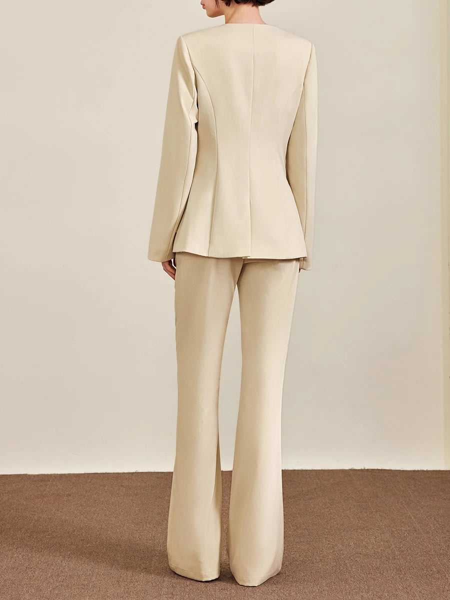 Slimming Temperament Two Piece Sets for Women V Neck Long Sleeves Spliced Button Blazer High Waist Pant Set Female