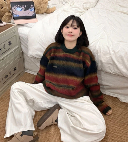 Y2k Aesthetic Contrast Color Striped Sweaters Harajuku Men and Women  Oversized Jumpers Autumn Grunge Vintage Casual Pullovers