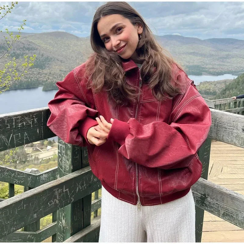 Autumn Women's Zipper Leather Bomber Jackets Casual Striped Coats Chic Lapel Loose Long Sleeve Motorcycle Outwear Top