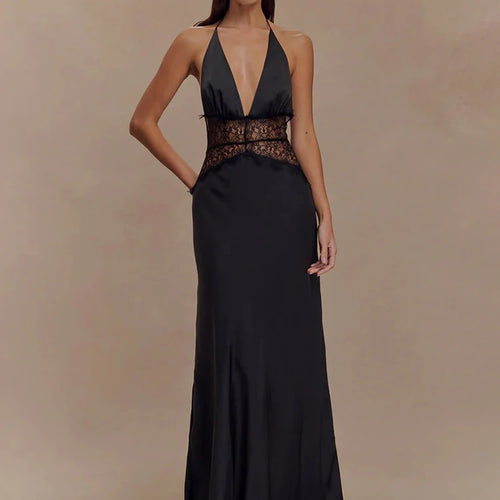 Load image into Gallery viewer, Summer Backless Sexy Maxi Dress Women Gown Patchwork Lace Halter Deep V Neck Sleeveless High Waist Elegant Long Dress
