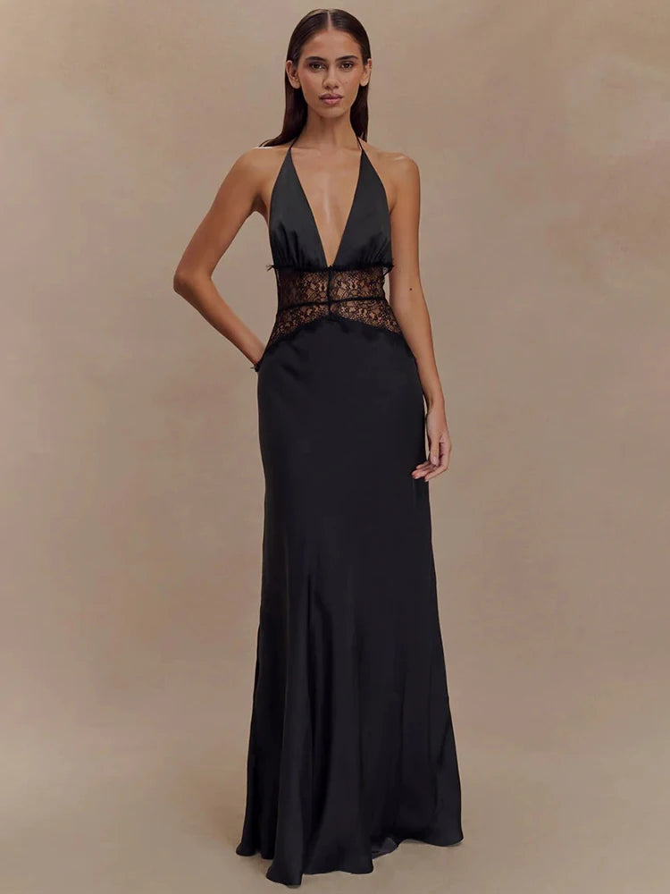 Summer Backless Sexy Maxi Dress Women Gown Patchwork Lace Halter Deep V Neck Sleeveless High Waist Elegant Long Dress