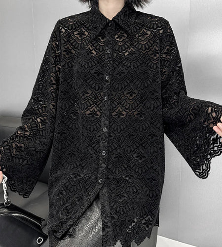 Women Black Lace Hollow Out Big Size Elegant Blouse New Lapel Long Flare Sleeve Shirt Fashion Spring Autumn 2025 1DH9271