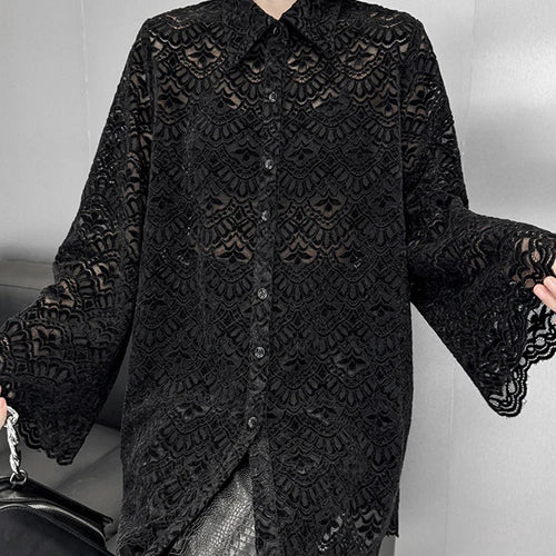 Load image into Gallery viewer, Women Black Lace Hollow Out Big Size Elegant Blouse New Lapel Long Flare Sleeve Shirt Fashion Spring Autumn 2025 1DH9271
