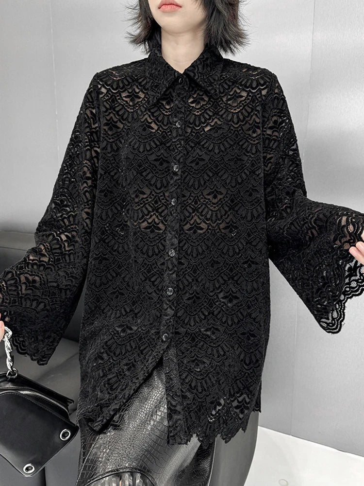Women Black Lace Hollow Out Big Size Elegant Blouse New Lapel Long Flare Sleeve Shirt Fashion Spring Autumn 2025 1DH9271