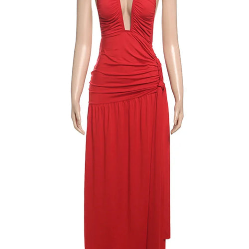 Load image into Gallery viewer, Halter Deep V Neck Sexy Maxi Dress For Women Gown Fashion Solid Sleeveless Backless Draped Ruched Bodycon Long Dress
