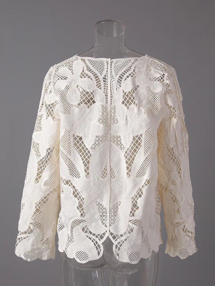 Women Beige Lace Hollow Out Big Size Elegant Blouse New V-neck Long Sleeve Shirt Fashion Tide Spring Autumn 2025 27X2858