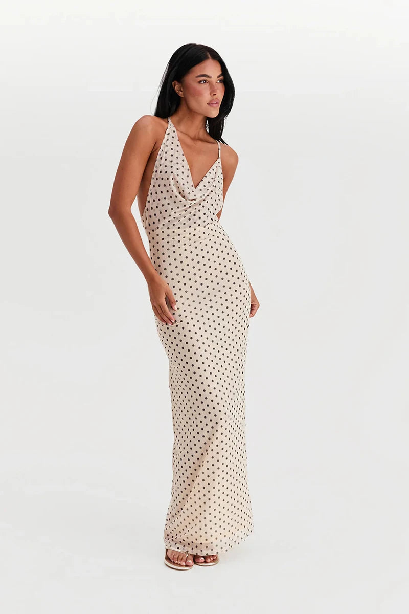 Spaghetti Strap Polka Dot Dress For Women Gown Fashion Irregular V Neck Sleeveless Backless Bodycon Club Long Dress