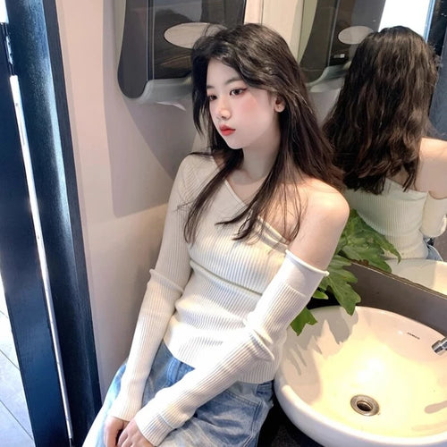 Load image into Gallery viewer, Harajuku Skew Collar Slim Fit T-shirts 2025 Spring Streetwear White Knitted Grunge Tops Women Sexy Y2k Aesthetic Cropped Tees
