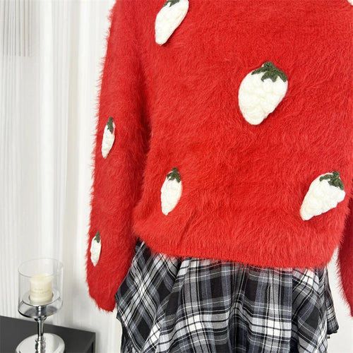 Load image into Gallery viewer, Autumn Winter Sweet Red Mink Strawberry Print Knitted Sweater Women Vintage Round Neck Vacation Long Sleeves Soft Pullover Tops
