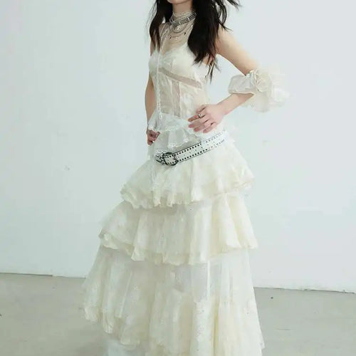 Load image into Gallery viewer, Women Beige Lace Perspective Long Spaghetti Strap Dress New V-Neck Sleeveless Fashion Tide Spring Autumn 2025 1DJ0684
