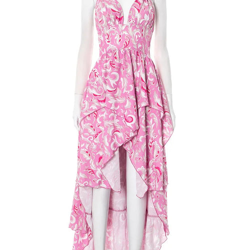 Load image into Gallery viewer, Print Halter Ruffled Sexy Maxi Dress Women Fashion V Neck Sleeveless High Waist Backless Beach Club Party Long Dress
