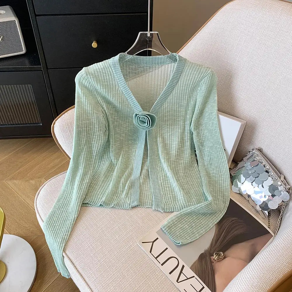 2025 Sping Summer New Women Solid Fashion V-neck Flower Decoration Long Sleeve Cardigan Knitted Tops Sun Protection Clothes Chic