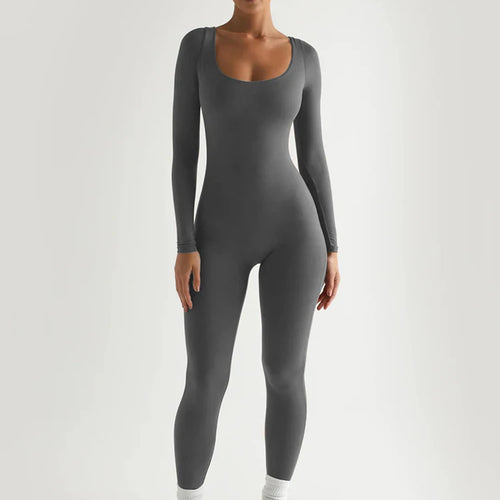 Load image into Gallery viewer, Square Neck Long Sleeve Zipper Women Jumpsuit Elastic Tight High Waist Playsuit Slim Sporty Casual Outdoor Street Romper
