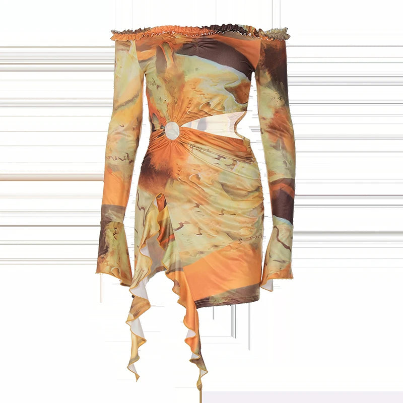 Hollow Out Print Sexy Mini Dress For Women Autumn New Off-shoulder Long Sleeve Bodycon Ruffled Slit Sexy Dress New