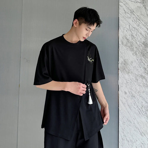 Load image into Gallery viewer, Summer Men&#39;s T-shirt Chinese Style Embroidered Short Sleeve Loose Split Hem Design Male Round Collar Tee 9C6034
