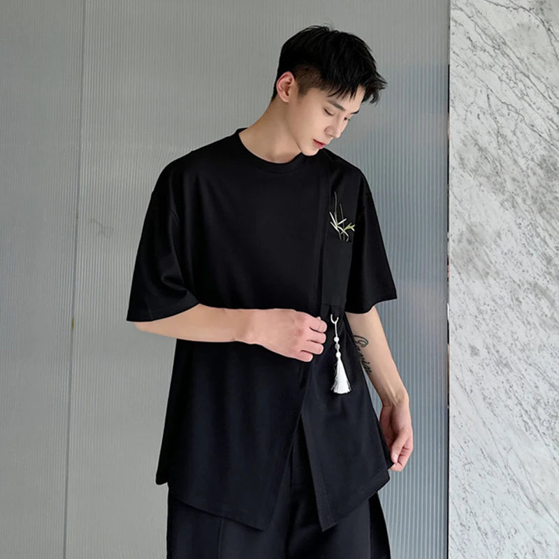 Summer Men's T-shirt Chinese Style Embroidered Short Sleeve Loose Split Hem Design Male Round Collar Tee 9C6034