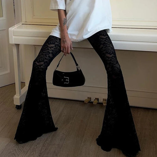 Load image into Gallery viewer, Fashion Black Skinny Lace Trousers Full Length Solid Transparent Sexy Party Thin Flared Pants Vintage Elegant Bottoms
