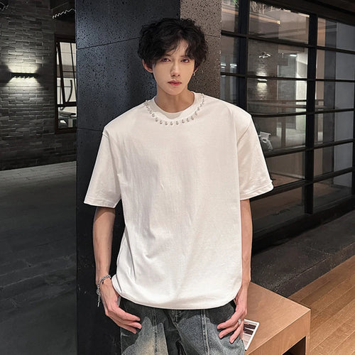 Load image into Gallery viewer, Men's T-shirts Short Sleeve Trendy Round Neck Rivet Pearl Design New Summer Korean Style Pullover Male Loose Tees 9W1913
