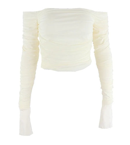 Mesh Crop Tops y2k Clothing Women Sexy Solid Color Off Shoulder Long Sleeve Ruched T Shirts 2000s Clothing Streetwear