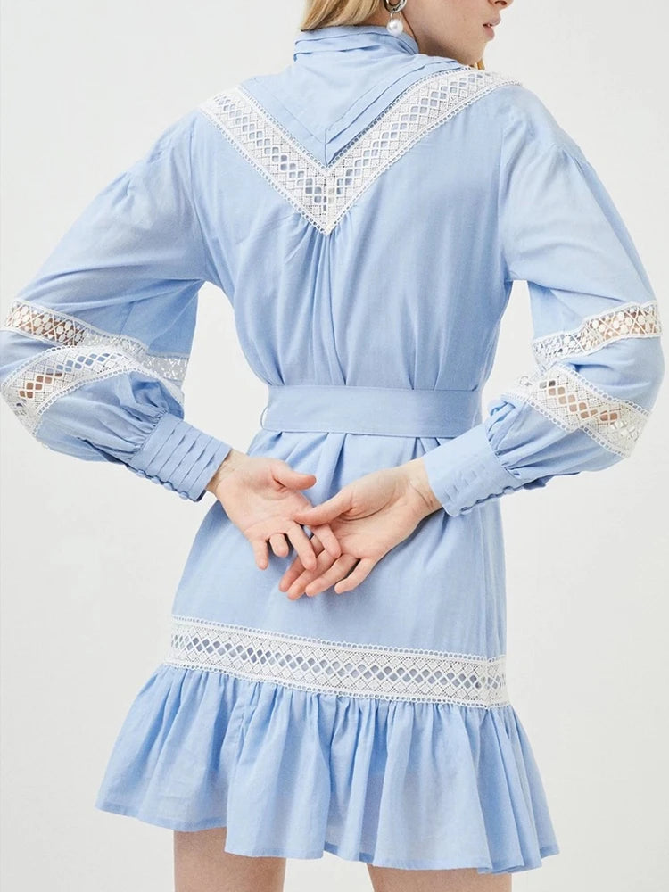 Vintage Patchwork Ruffles Dress For Women Stand Collar Loose Long Lantern Sleeve High Waist Mini Dresses Female 2022 Clothes