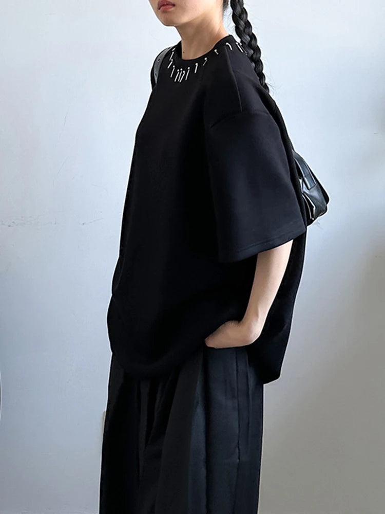 Women Black Metal Decoration Big Size Casual T-shirt New Round Neck Short Sleeve Fashion Tide Spring Summer 2025 1DJ1233