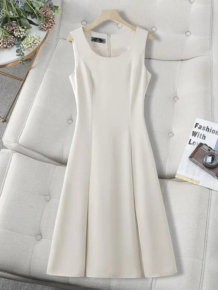 Woman Summer Black Beige Elegant Sleeveless Office Long Dresses Green Round Neck Sexy Zipper Pleated Vest Dress Vestidos Fashion