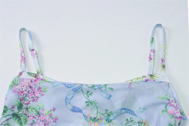 Sleeveless Print Spaghetti Strap Slash Neck Sexy Backless Thigh Split Maxi Dress Women Pleated Vacation Dress Summer