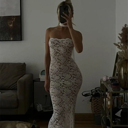 Load image into Gallery viewer, Lace See Through Sexy Midi Dress For Women Fashion Off-shoulder Strapless Sleeveless Backless Bodycon Club Party Dress
