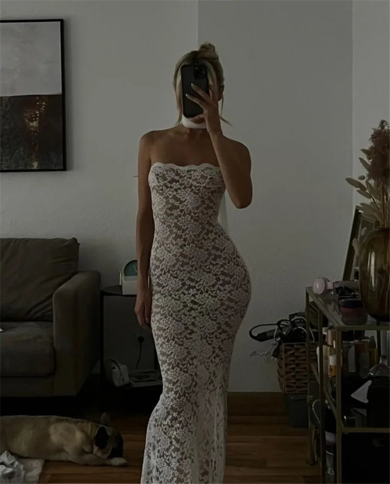 Lace See Through Sexy Midi Dress For Women Fashion Off-shoulder Strapless Sleeveless Backless Bodycon Club Party Dress
