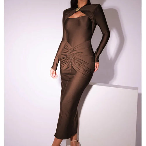 Load image into Gallery viewer, Elegant Long Sleeved Elastic Tight Long Dress Women Bodycon Pleated Party Club Evening Dress Hollowed Out Slim Vestido
