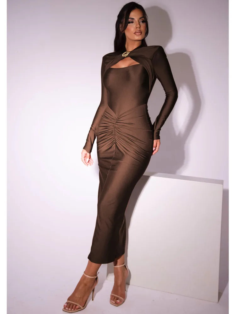 Elegant Long Sleeved Elastic Tight Long Dress Women Bodycon Pleated Party Club Evening Dress Hollowed Out Slim Vestido
