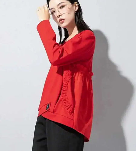 Women Green Asymmetric Big Size Casual T-shirt New Round Neck Long Sleeve Fashion Tide Spring Autumn 2025 1DF5725