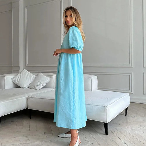 Load image into Gallery viewer, Short Puff Sleeve Maxi Dress For Women Fashion Autumn New Blue V Neck Loose Basic Casual Long Dress Elegant Gown
