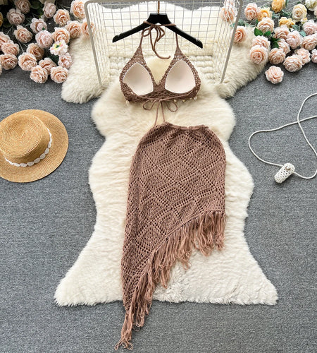 Vacation Sexy Suits Strapless Halter Backless Bikini+Drawstring Tassel Skirt Women Beach Knitted Two Pieces Suits